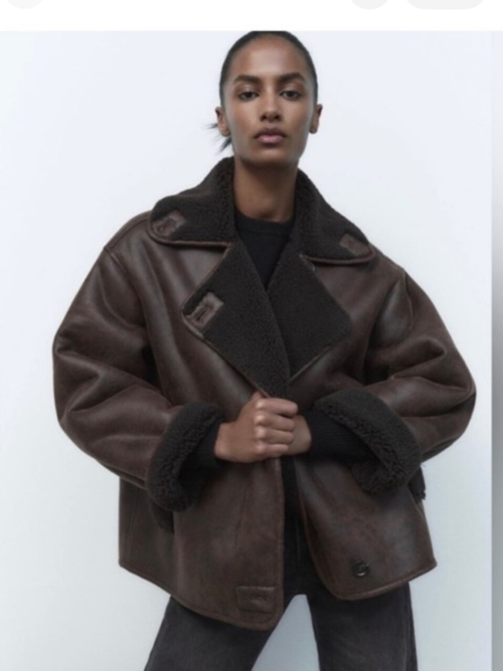 Like New Oversized Zara Dark Brown Shearling Faux Leather Jacket Size M